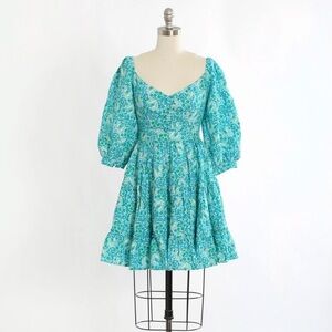 NWOT Hermoza Puff sleeve blue green floral cotton mini dress Sz. S